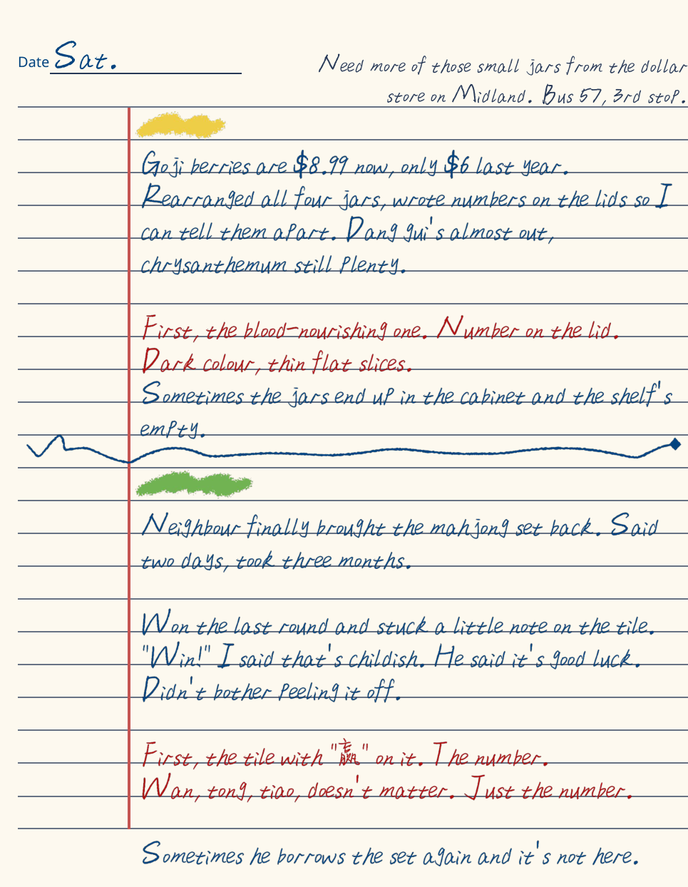 An English notebook page separates herb-jar and mahjong entries with a drawn line. Red clue text sits within blue narrative notes, with yellow and green marks above the sections.