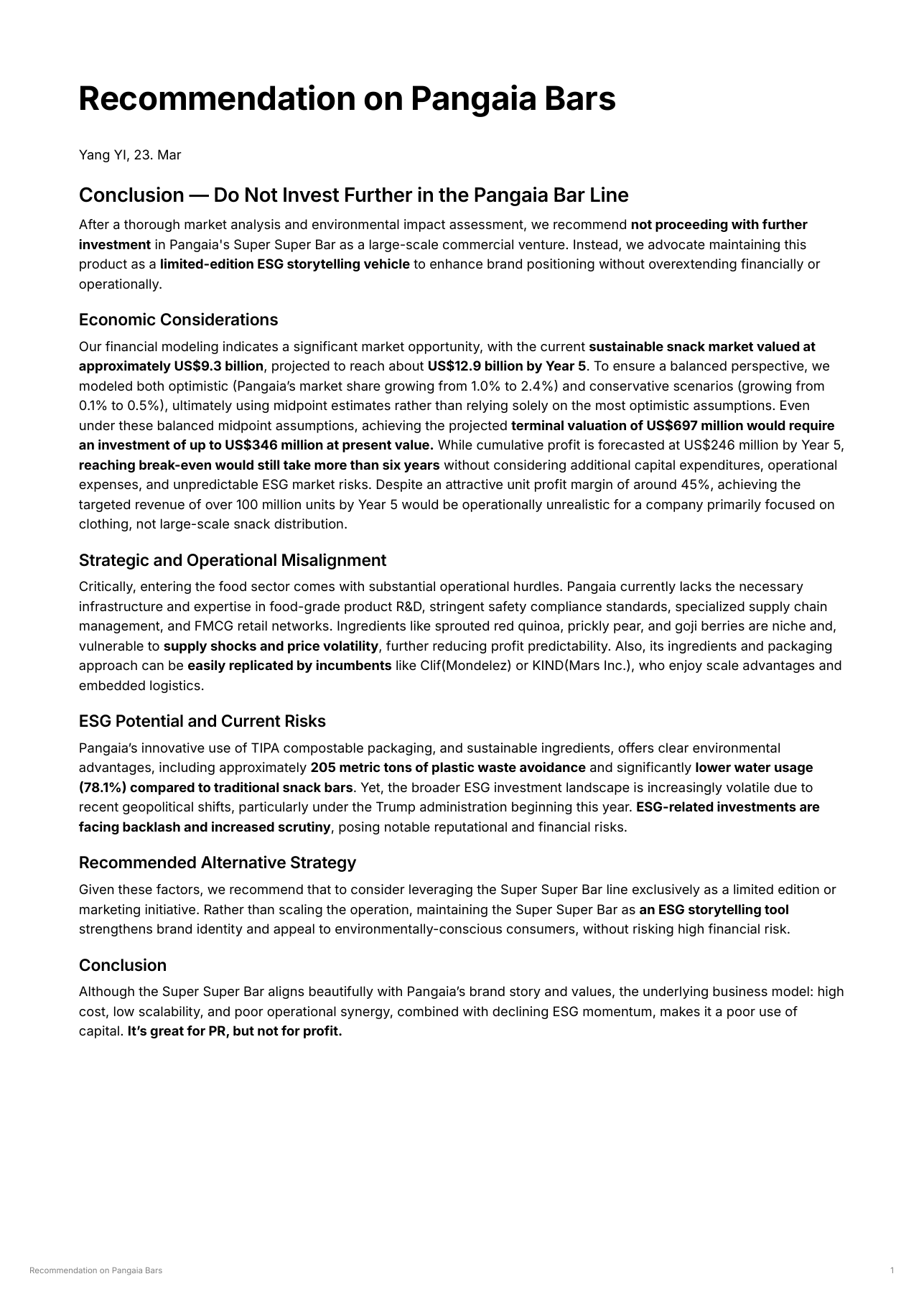 Original signed recommendation advising against large-scale expansion of the bar line.
