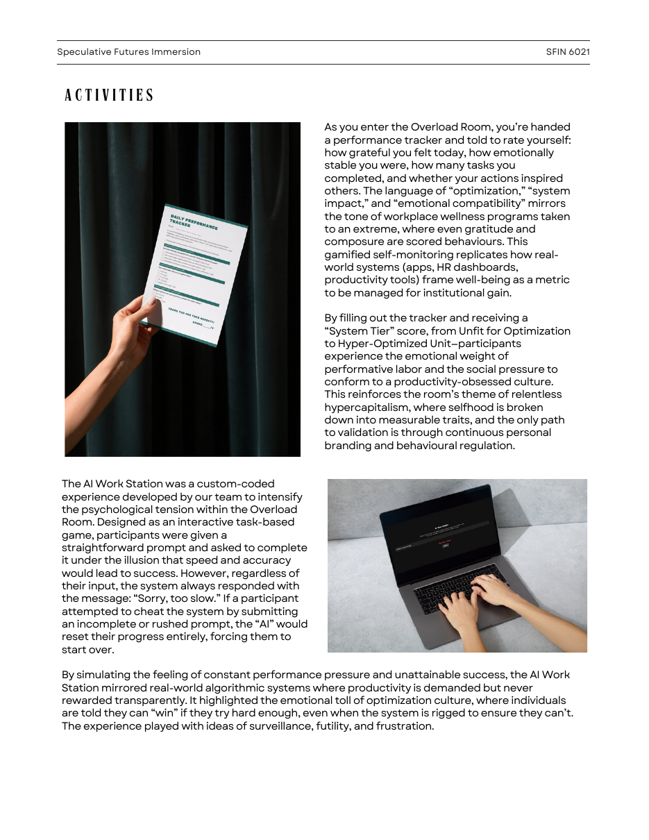 Report page showing a performance-tracker sheet and a laptop workstation with descriptions of their roles in Overload.