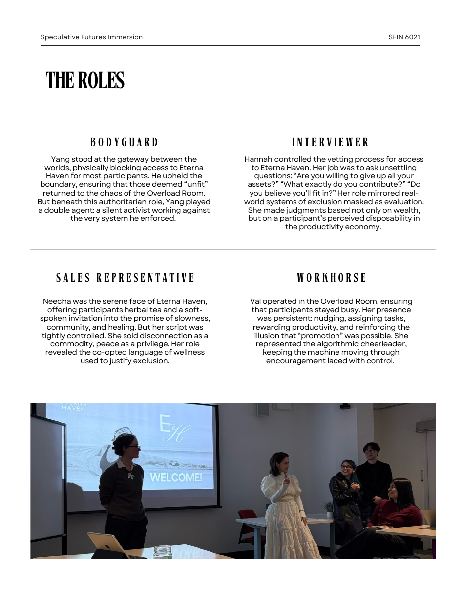 Role descriptions for bodyguard, interviewer, sales representative, and workhorse, above a photograph of the installation.