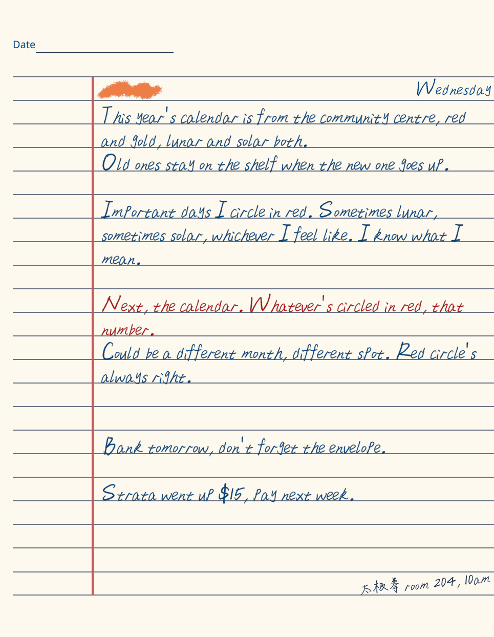 Matching English notebook page with an orange mark and a red instruction to use the number circled on the calendar.