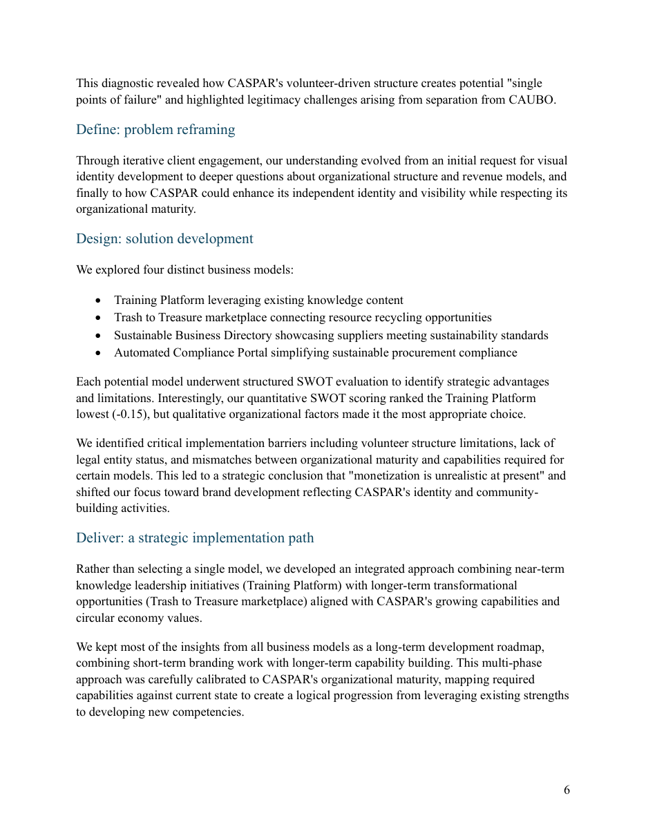 CASPAR report passage comparing four models and explaining why organizational fit changed the recommendation.