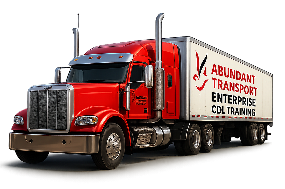 Red semi-truck with Abundant Transport Enterprise CDL Training logo on white trailer, angled front-left view