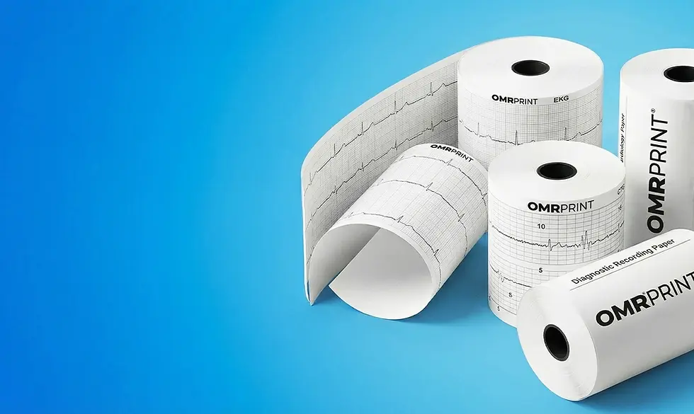 On a blue background, rolls of paper are displayed with ECG waves and the word "OMRPRINT" printed on them. The papers are unfolded in various ways, for medical records.