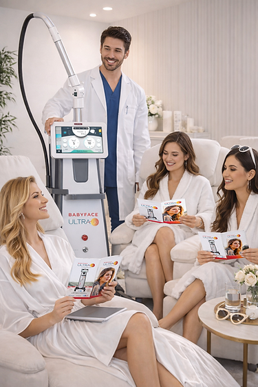 Kadınlar ve doktor, cilt tedavi cihazını inceliyor.png