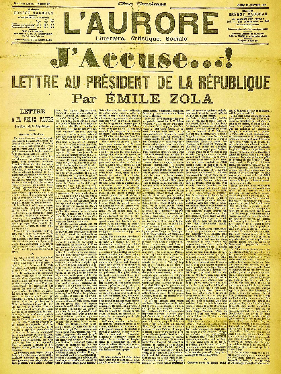 Der legendär gewordene offene Brief, den Émile Zola am 13. Januar 1898 auf der Titelseite der Zeitung „L‘Aurore“ an den Präsidenten der Republik richtete (Bild: Wikipedia)
