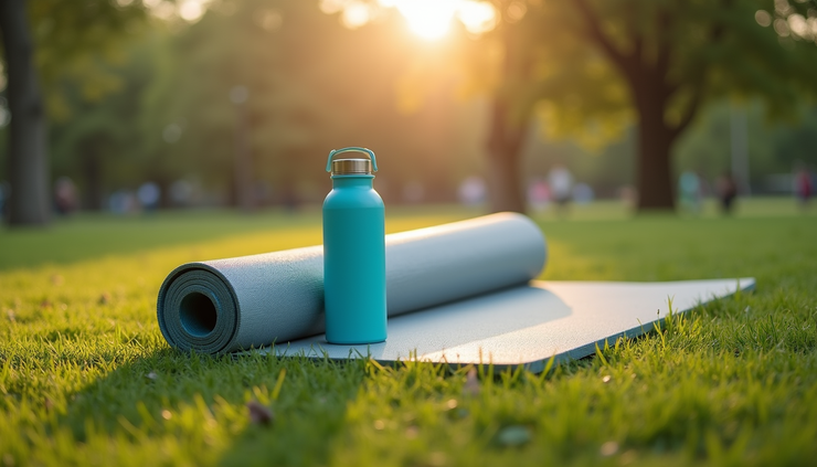 Close-up view of Pilates mat and water bottle on grass at Mitchell Park