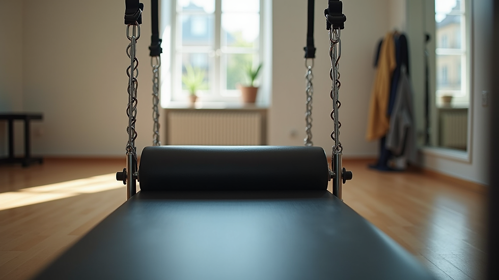 Close-up view of Pilates reformer straps and springs in a studio