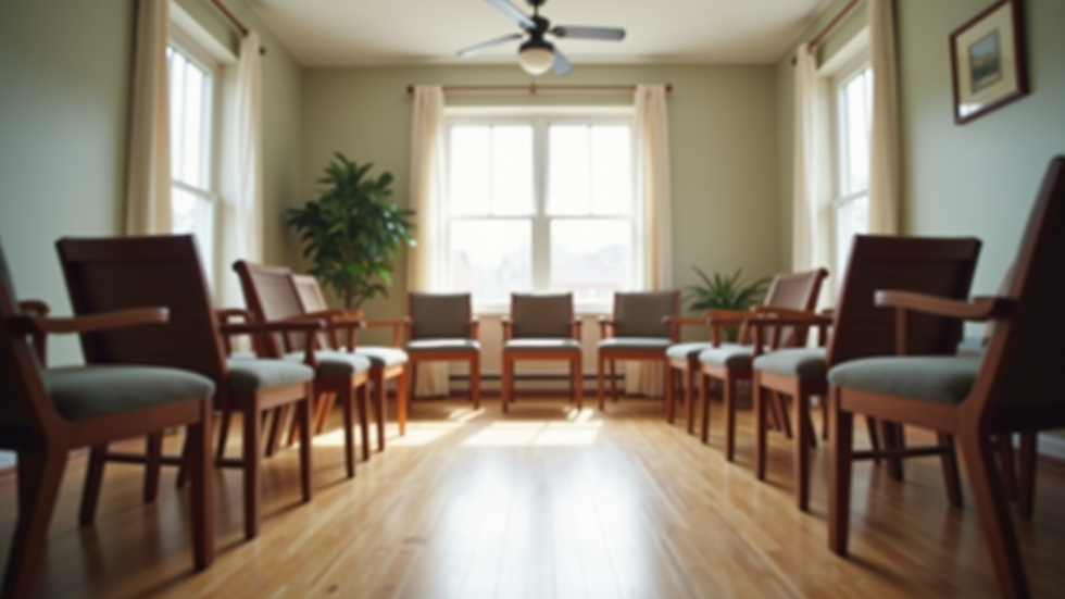 Eye-level view of a quiet community center room with comfortable chairs arranged in a circle