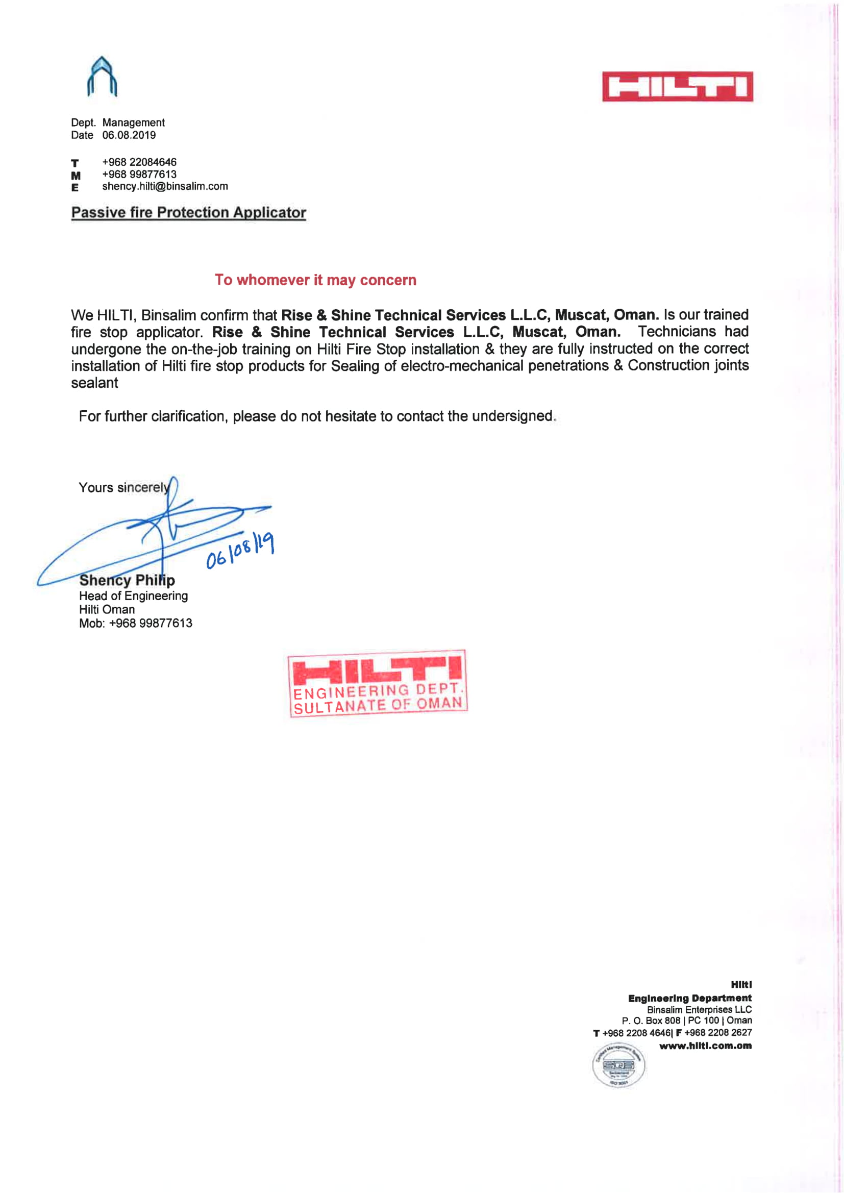 Hilti Applicator Certificate