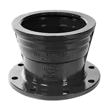Product photography of a black ductile iron pipe fitting. It features flanges on one end and a plain spigot end, suitable for plumbing or industrial use.