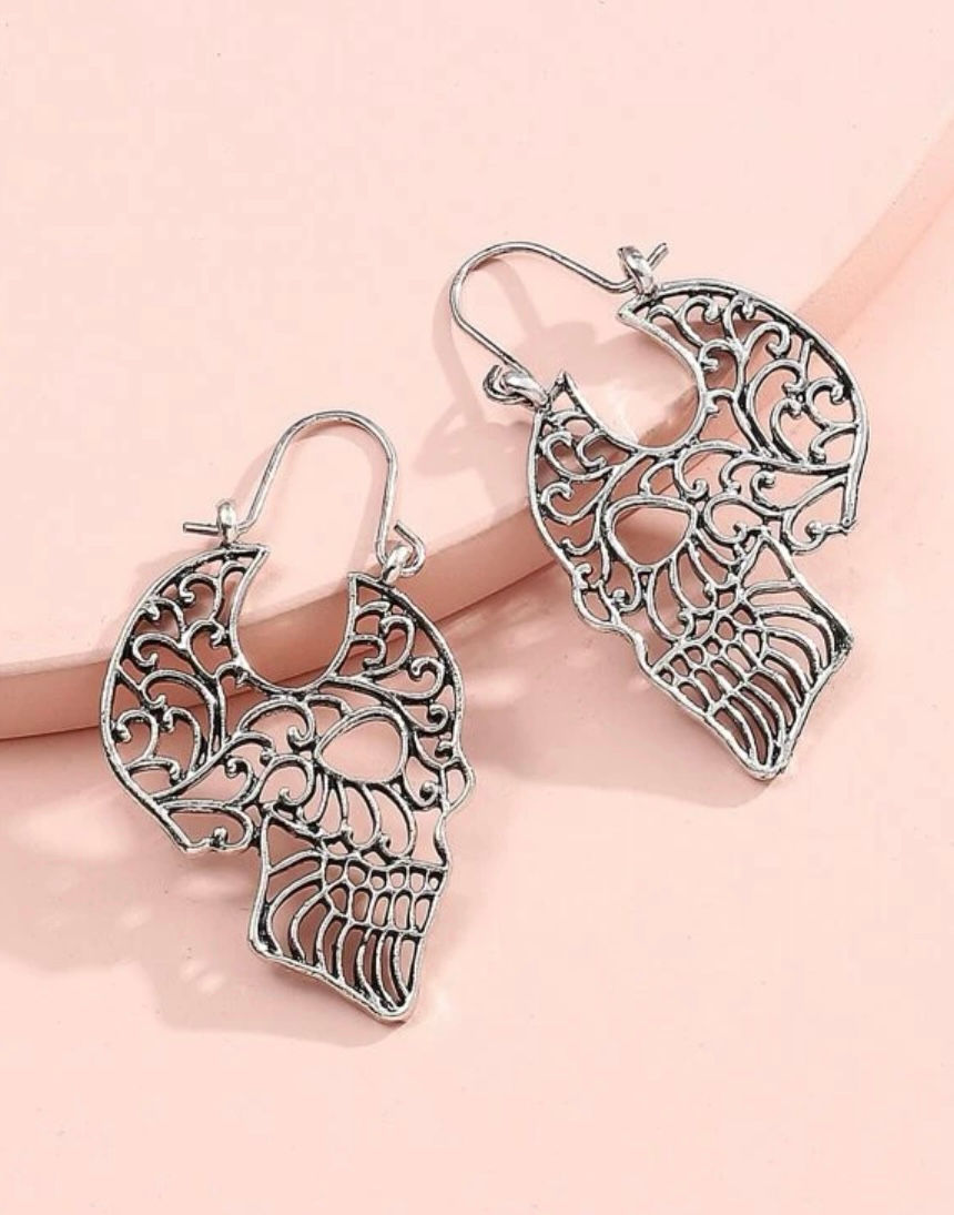 Antique Silver CARVED OUT SKULL Hoop Earrings