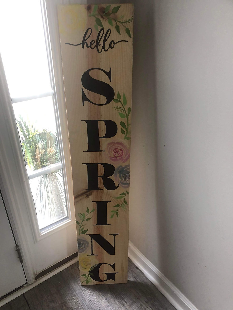 4'x10" HANDCRAFTED "Hello Spring" SOLID WOOD VERTICAL SIGN