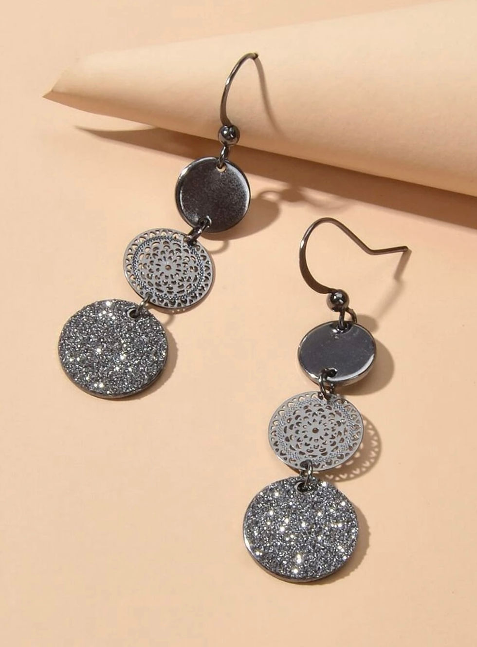 Thumbnail: Gun Metal & Sparkle 3-Disc Dangle Earrings