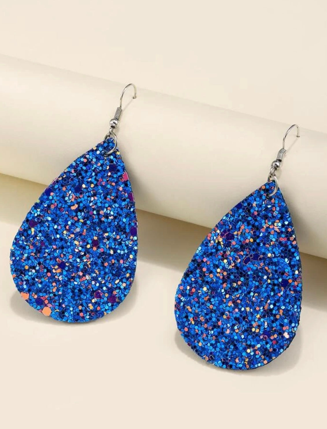 Blue Leather & Mini-Sequin Drop Earrings
