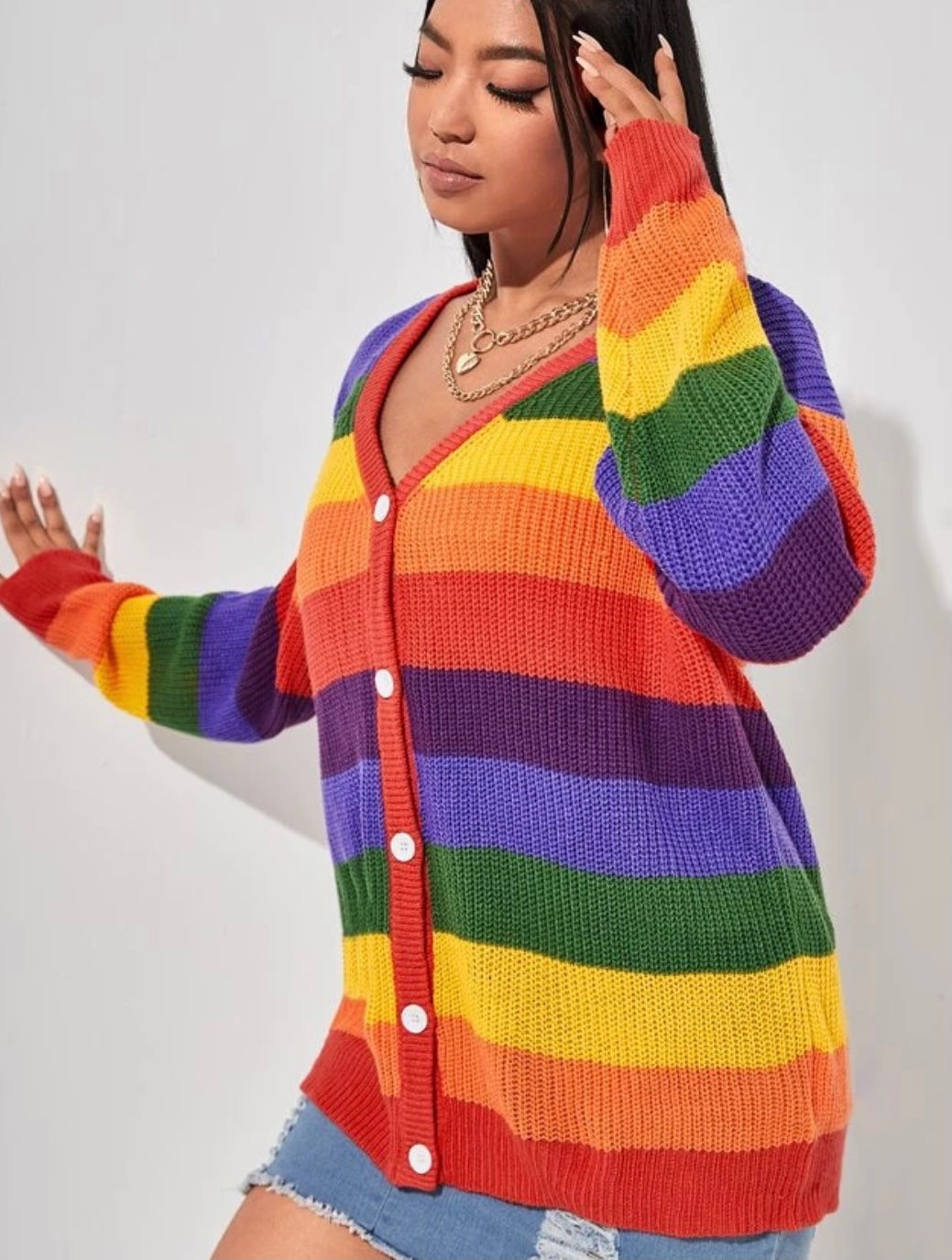 RAINBOW Stripe Button-Up Drop Shoulder Cardigan