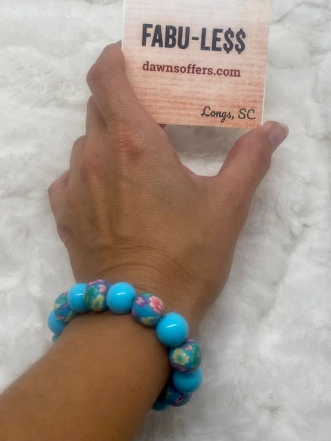 Thumbnail: TURQUOISE & FLORAL POLYMER CLAY BEADED BRACELET