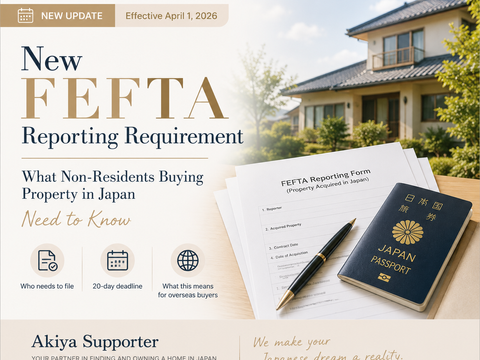 Illustration of the new FEFTA reporting requirement in Japan for non-residents buying property, featuring a Japanese home, reporting documents, and a passport.