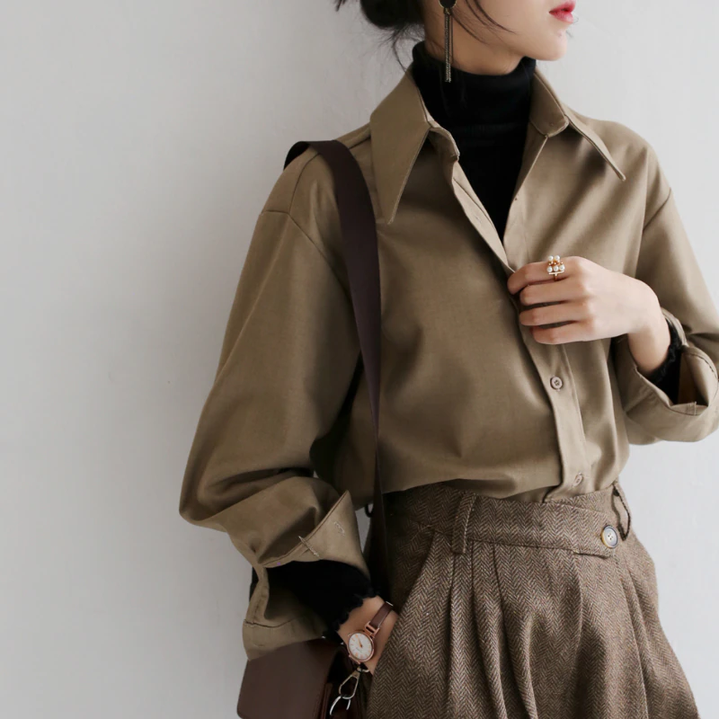 Thumbnail: Blusa de café casual de color sólido, Camisa de manga larga moda coreana | PARAIRDEVACACIONES.COM