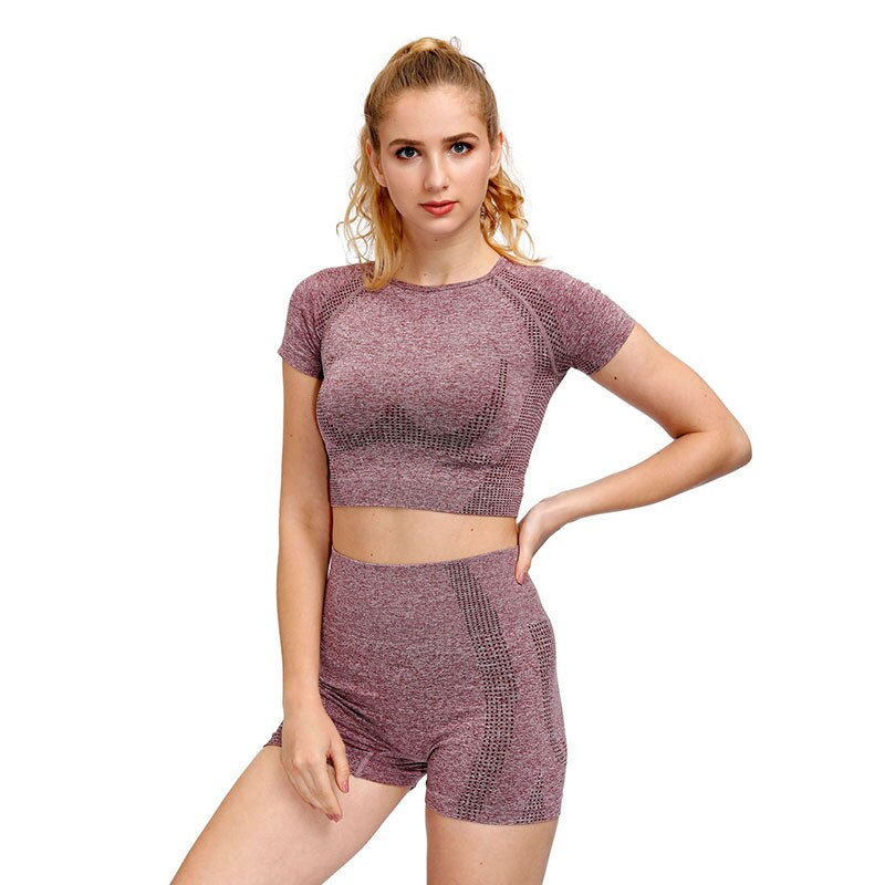 Miniature : Conjunto de leggings de Yoga de 2 piezas sin costuras manga corta para mujeres | EBEPEX Express