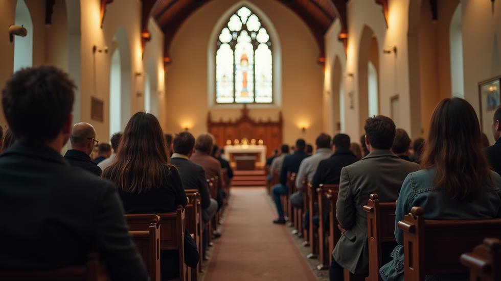 Eye-level view of a church interior with a focus on a congregation engaged in discussion