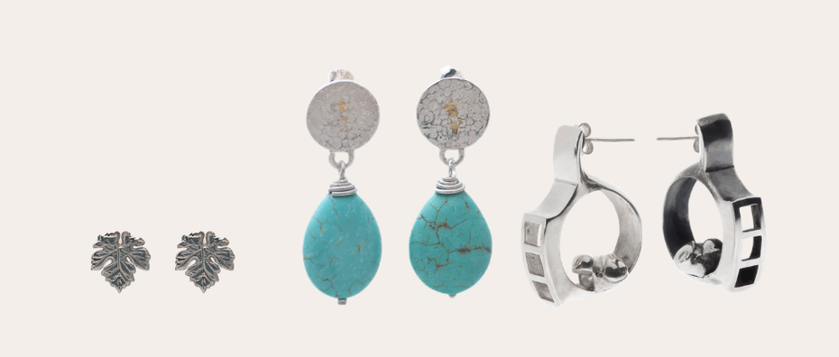 Three different earring styles—stud, drop, and hoop—displayed side by side on a neutral background, illustrating how to choose the right earrings