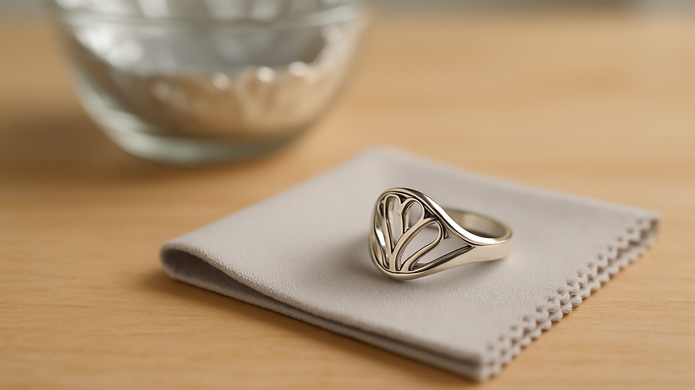 Evde nazik bakım sonrası ilk günkü parlaklığını geri kazanan gümüş yüzük.