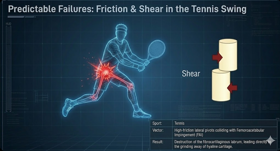 Predictable Failures: Friction and Shear in the Tennis Swing - diagram of tennis player skeleton showing hip joint friction and shear forces causing Andy Murray-style injury