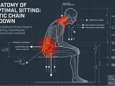 Anatomical diagram showing the kinetic chain breakdown from sub-optimal sitting posture, highlighting muscle and joint stress patterns common in desk workers with back pain