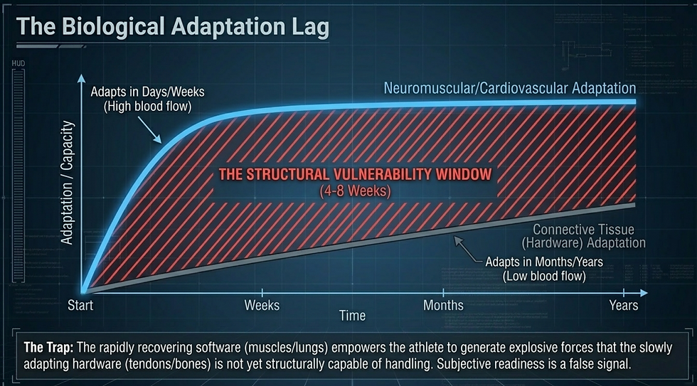 The Biological Adaptation Lag chart - graph showing neuromuscular adaptation outpacing connective tissue adaptation creating the structural vulnerability window in elite athletes