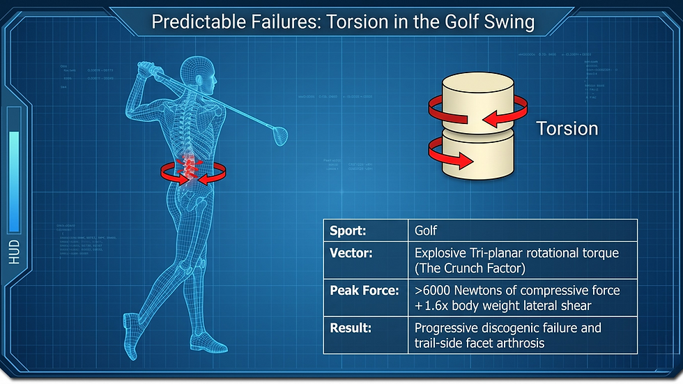 Predictable Failures: Torsion in the Golf Swing - diagram showing rotational forces on Tiger Woods-style golfer skeleton causing lower back injury