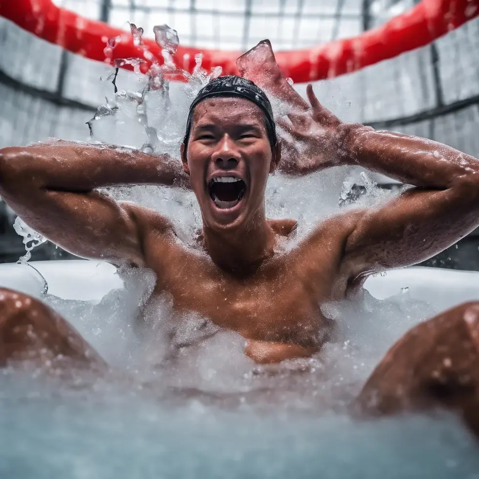 A Thai male athletes is soaking in an ice bath with an excited expression