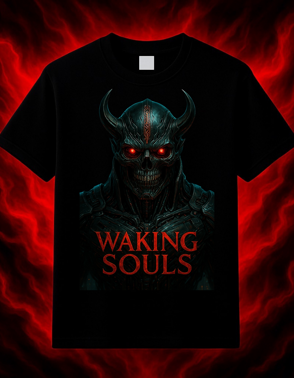เสื้อยืด Waking Souls WS97 HELLFORCE สีดำ Cotton 100% Premium ลายหัวกะโหลกเกราะโลหะสีเข้ม เขาสูง ดวงตาแดงเพลิง สไตล์ Sci-Fi