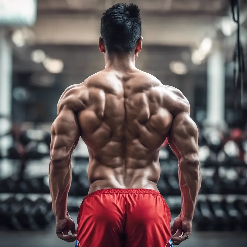 A Thai male athlete in red shorts is standing in the gym, shooting off his beautifully defined back muscles