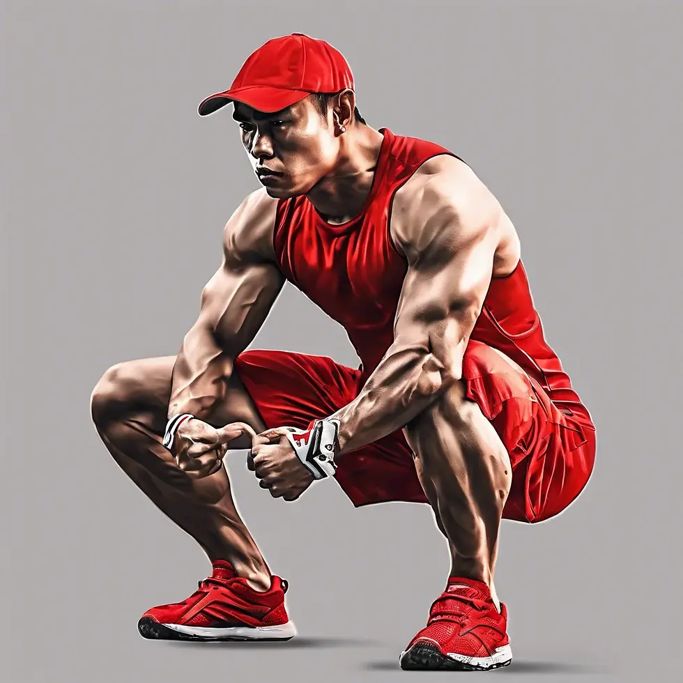 A Thai male athlete in a red outfit is sitting in a Zercher squat position