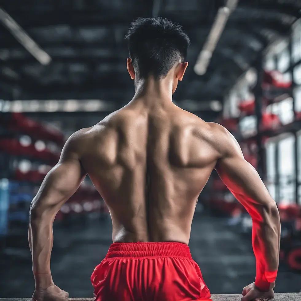 A Thai male athlete is showing his lower back muscles