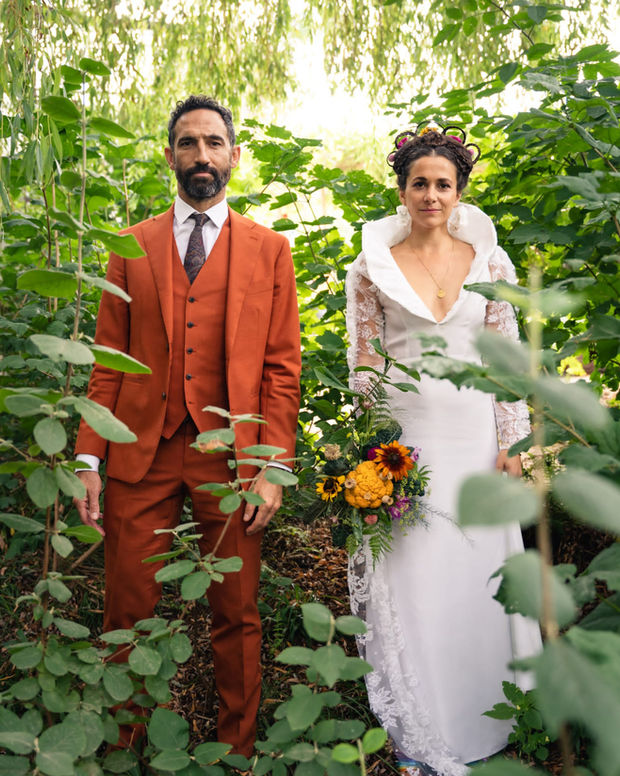 reworked wedding dress vegetable bouquet bespoke wedding dress london bridal
