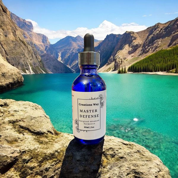 Blue dropper bottle with 'Master Tonic' label, by a turquoise lake