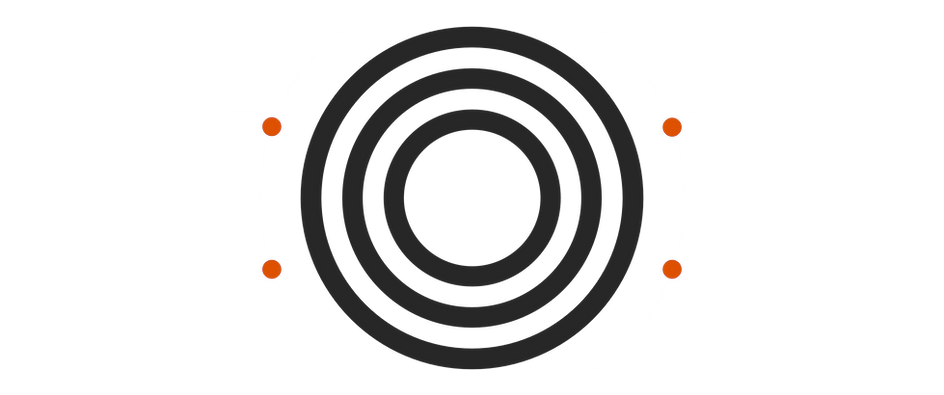 Abstract graphic showing concentric dark grey rings at the center, surrounded by a circular white outline with four small orange nodes connected by short lines, set against a black background, representing focus, connection, or a conceptual mind map structure.