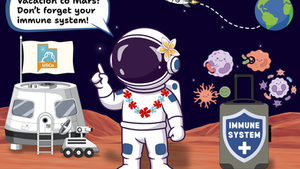 An astronaut stands on the red surface of Mars wearing a flower lei and a flower tucked behind their ear. Earth is in the far distance with a rocket blasting off its surface. A spacecraft sits to the left of the astronaut with a flag bearing the Utah Science Communicators logo. To the astronaut's right is a suitcase labeled "Immune System" surrounded by different types of immune cells.