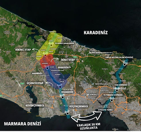 Kanal İstanbul güzergahı, Arnavutköy ve etap bölgelerini gösteren harita – Arnavutköy ve Trakya arsa yatırım bölgeleri