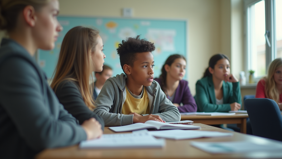 Eye-level view of a classroom with diverse students engaged in learning
