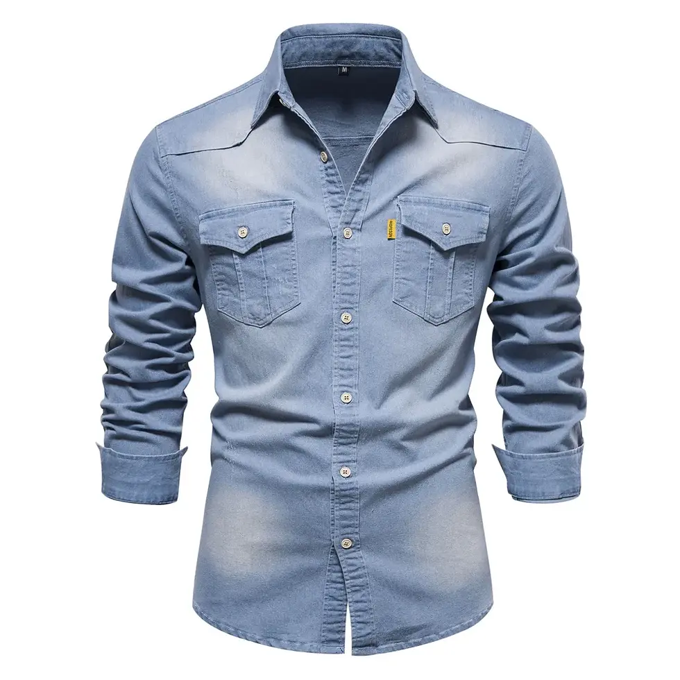 Miniatura: Men's Spring Long Sleeve Denim Shirt with Double Pockets