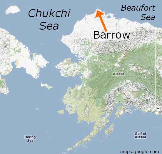 Map of Alaska showing the northern most town of Barrow.