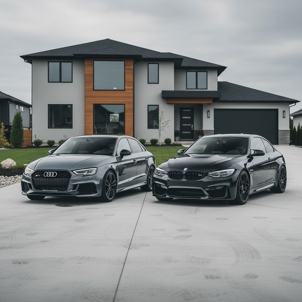 Two performance cars parked on a residential driveway, representing the multi-car mobile tuning and remapping discount from Liberty Maps in Inverness.