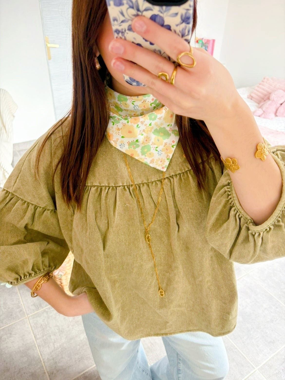 Foulard réversible fleuri vert / vichy vert