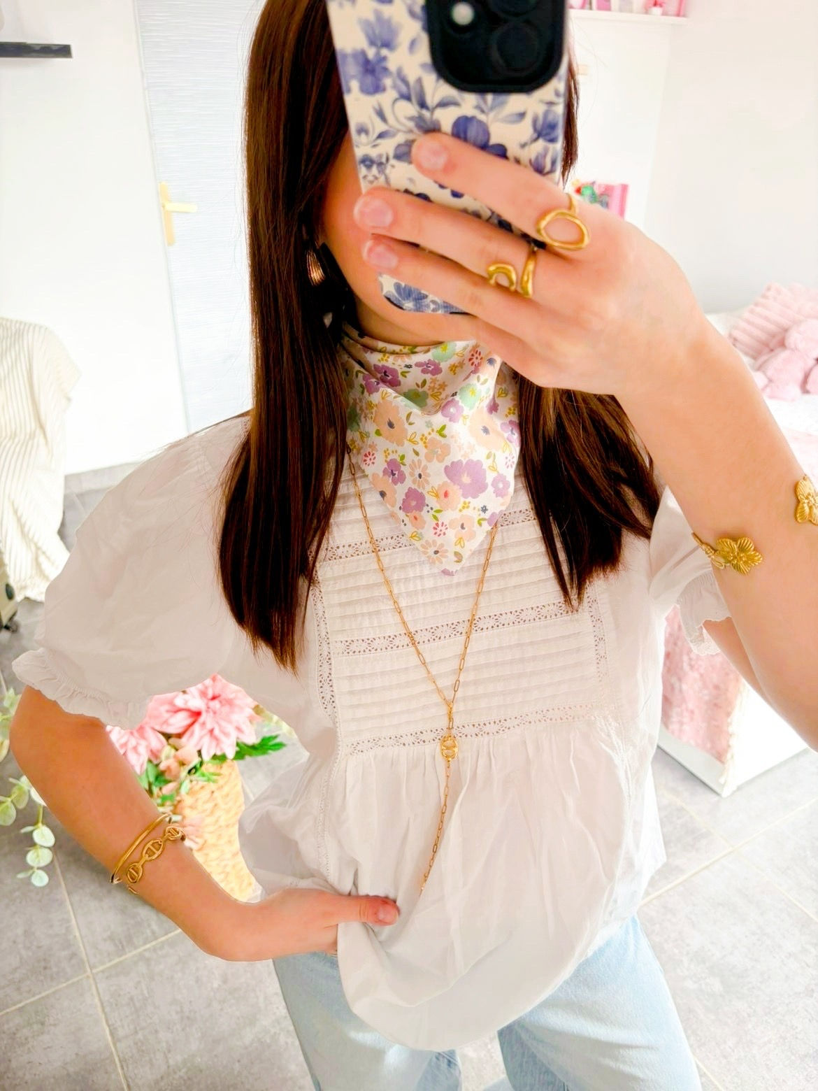 Foulard réversible fleuri parme / vichy parme