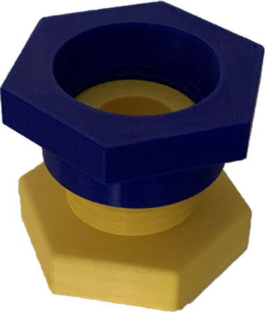 3d printed threaded fastener in blue and yellow