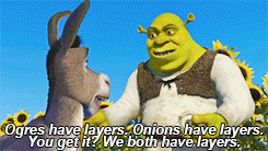 Scene from Shrek film, where Shrek says "Ogres have layers", representing the two-layer content model, and how we must write for AI and humans.