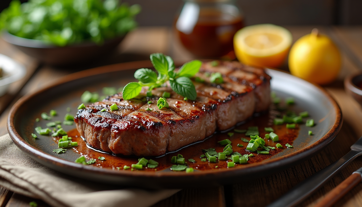 Eye-level view of a rustic wooden table with a grilled beef platter and fresh herbs